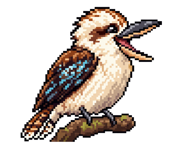 Our mascot, a laughing kookaburra on a branch, in pixel art